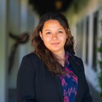 A person outdoors, standing in a scenic corridor.