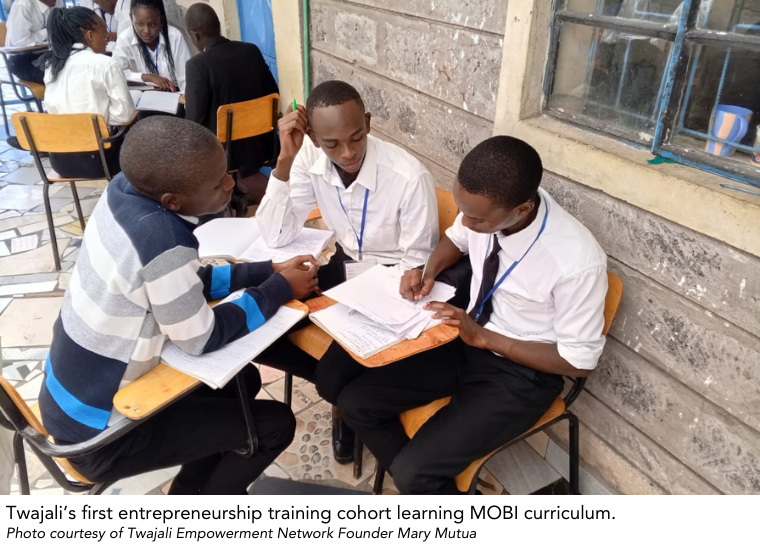 Photo of the first cohort of Twajali Empowerment Network students learning MOBI curriculum
