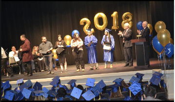 Graduates on stage with faculty at CET+MOBI Graduation 2018.
