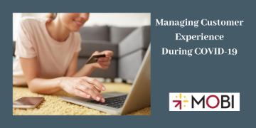 Managing Customer Experience during COVID-19. HOBI logo. Person using laptop and holding credit card.