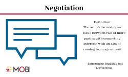 Alt text: "Negotiation: Interaction where parties aim to reach a mutual agreement. Image of speech bubbles."