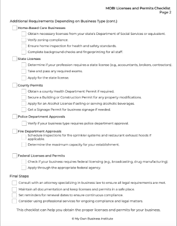 Screenshot of MOBI Licenses and Permits Checklist Page 2