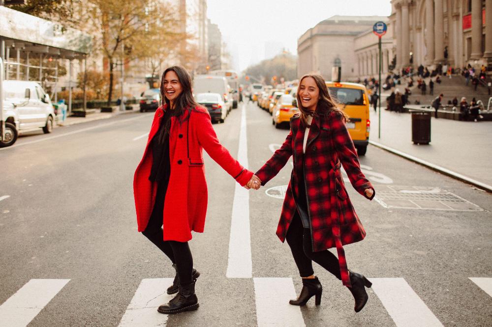 Sonya and Kalina crossing the street