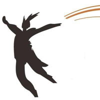 Silhouette of a figure with flowing garments and a rainbow arc.