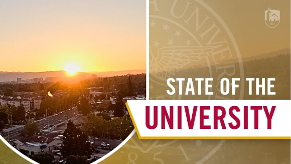 Sunrise over the Santa Clara University campus. Text on the image reads 