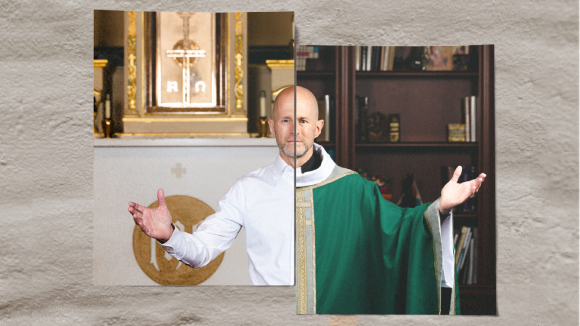 A Jesuit priest with his arms outstretched. Half of the image is of him in a plain collared shirt in the SCU Mission Church and the other half is him in green vestments in a classroom.