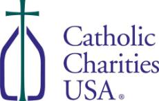Catholic Charities USA logo featuring a cross and shield with text.