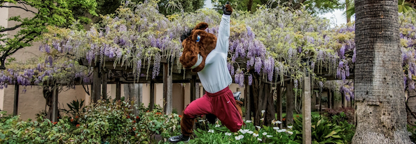 Person in costume named Bucky jumping outdoors with greenery and flowers.