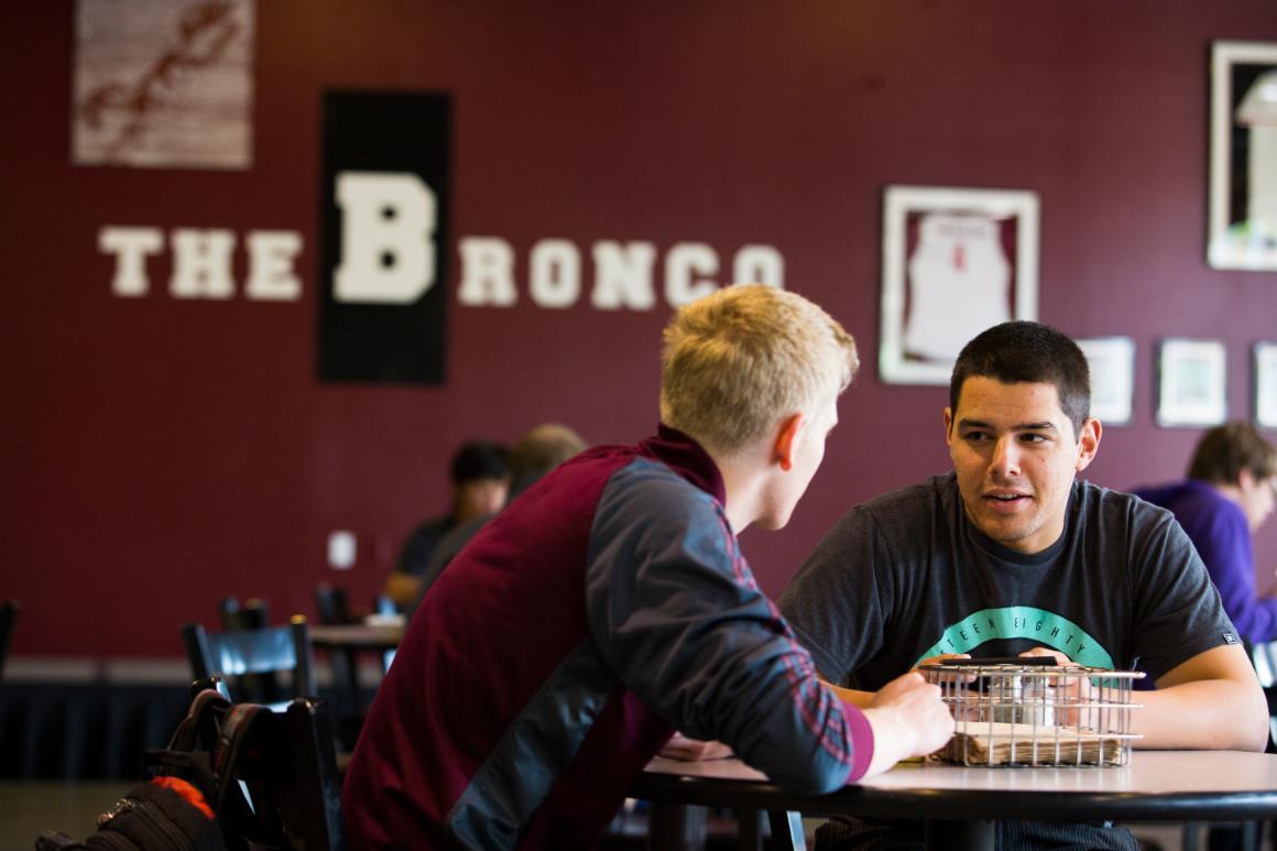 Two people conversing in a cafe with 