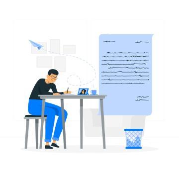 Illustration of a person writing a cover letter with documents on the wall.