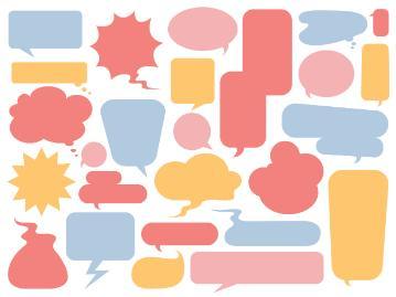 Various colorful speech bubbles and thought clouds on a white background.