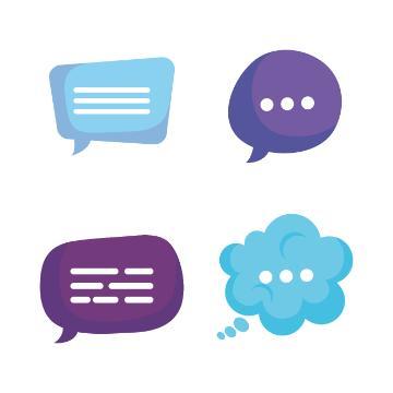 Four speech bubbles with text and dots indicating conversation.