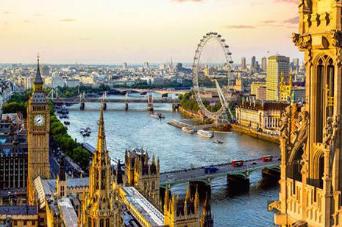 Alt text: Aerial view of London with the River Thames, bridges, and the London Eye.