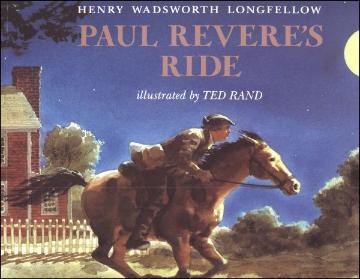Illustration of Paul Revere riding a horse at night, titled 'Paul Revere's Ride'.