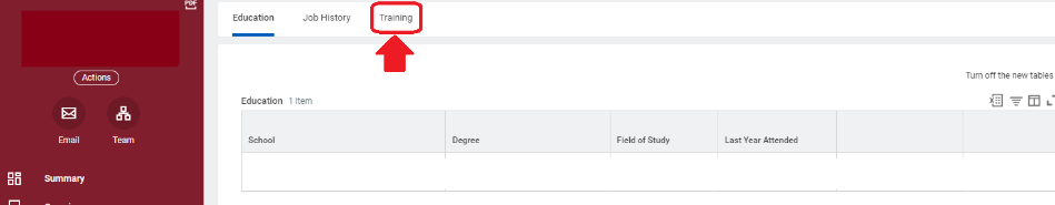 Navigate to the third tab from the left, 'Training'.