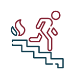 Emergency exit sign with a person running downstairs away from a fire.