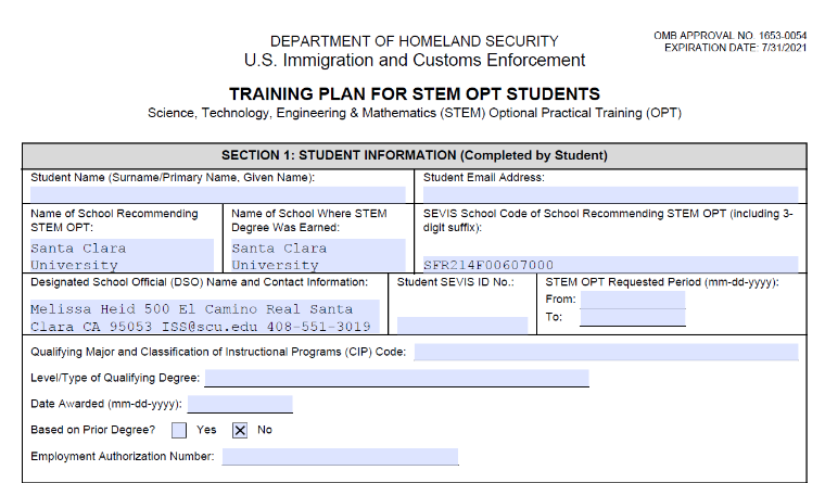 Alt text: I-983 Section 1 Student Info form filled out by Melissa.