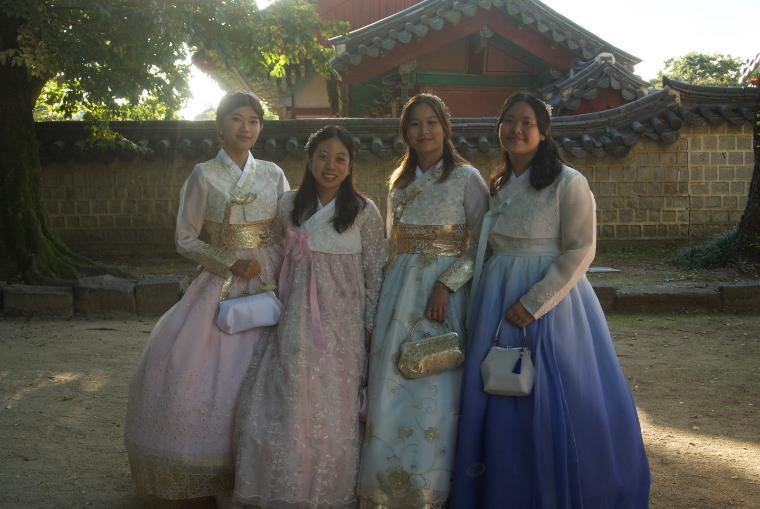 Decorative; group of students posing in traditional Korean clothing