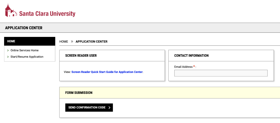 A webpage with the heading Application Center. There is an Email Address field within a Contact Information fieldset.