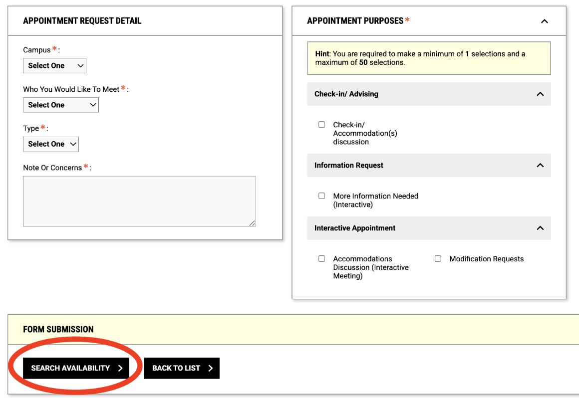 A Search Availability button is highlighted after fieldsets for Appointment Request Detail and Appointment Purposes.