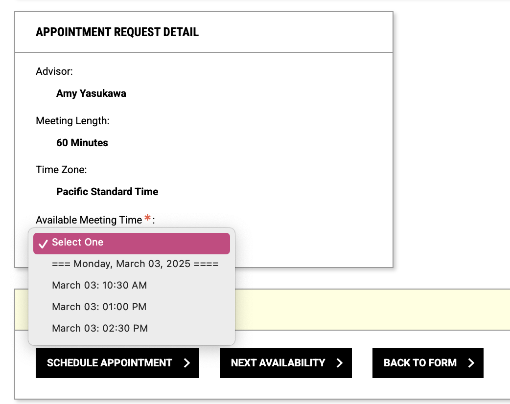 An Available Meeting Time listbox is expanded. Beneath, there is a Schedule Appointment button.