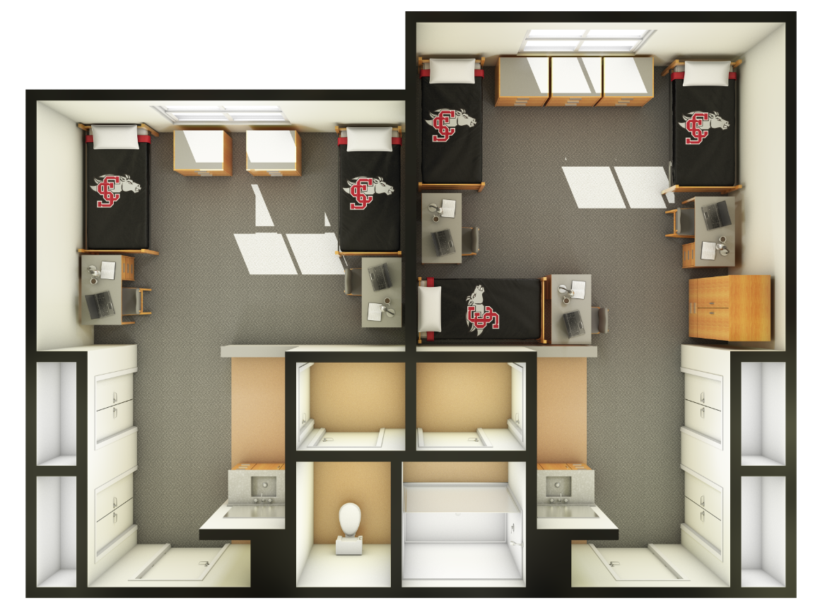 Floor plan of Graham Hall ETRP and DBLE dorm rooms, labeled 