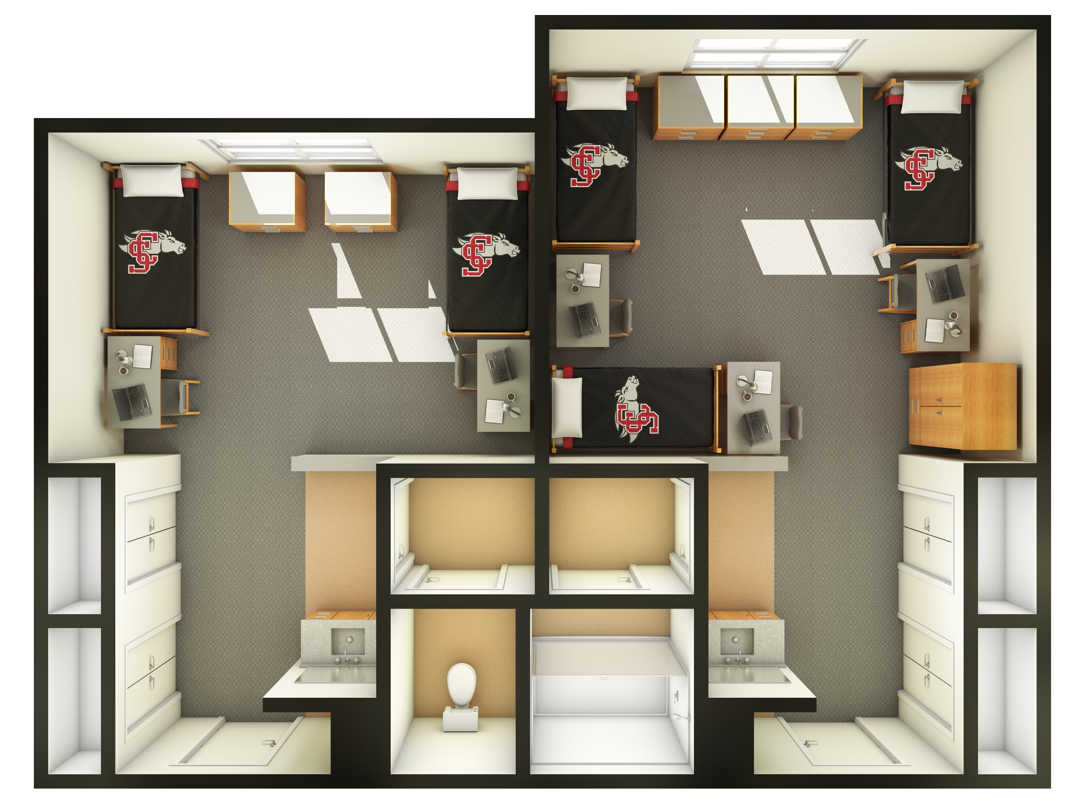 Floor plan of Graham Hall ETRP and DBLE dorm rooms, labeled 