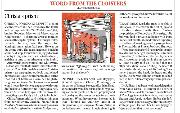 Tablet UK Jpeg featuring a reflection by President Sullivan on her visit with Pope Francis.