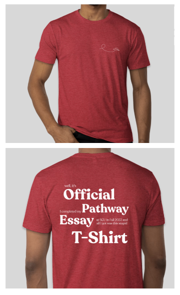 Alt text: Red T-shirt reading