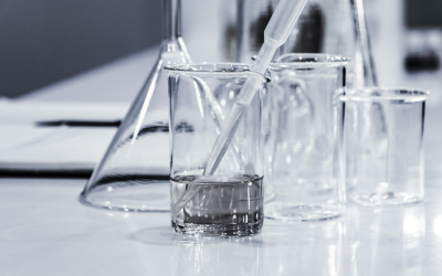 beakers on a lab table 
