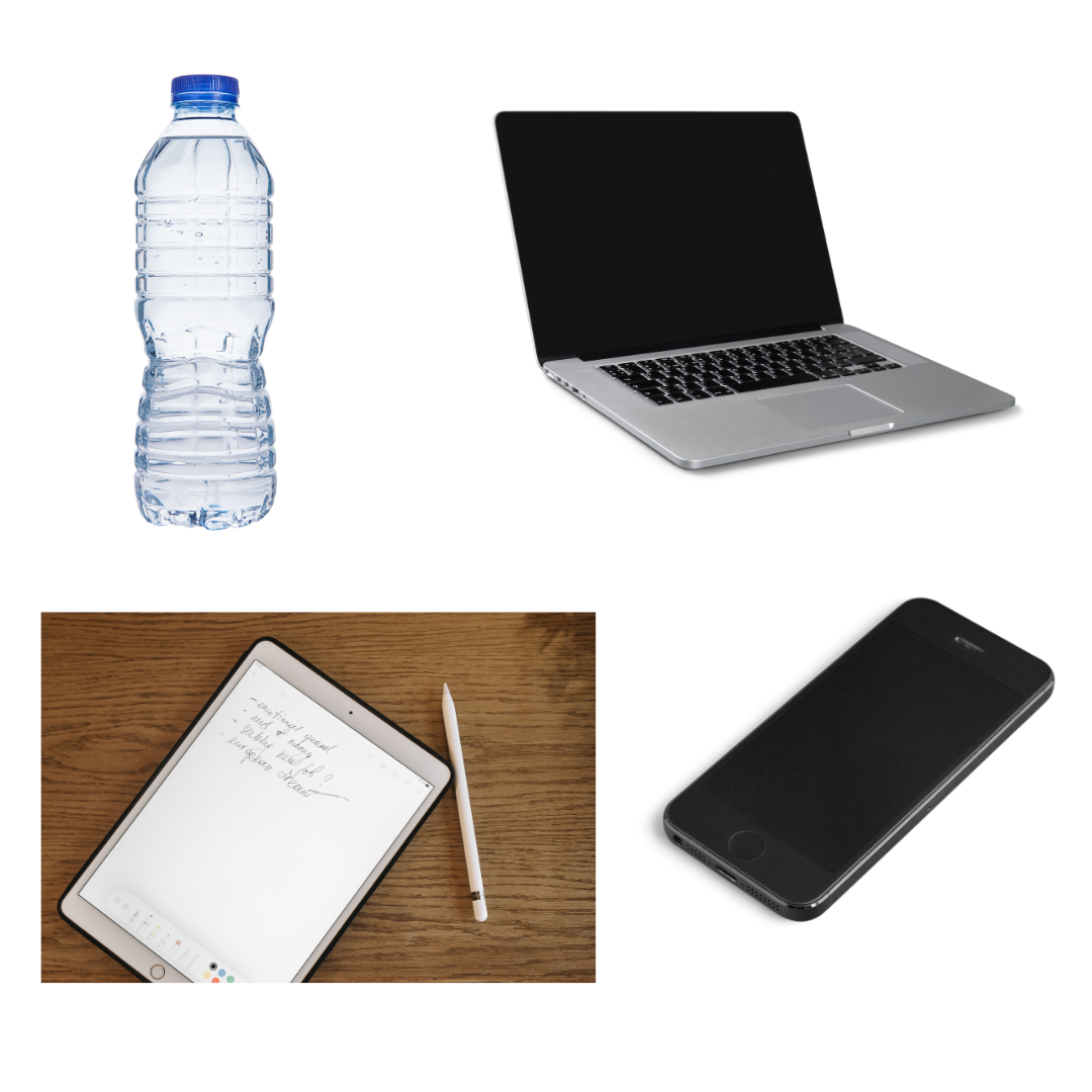 An image of a water bottle, laptop, Ipad, and phone which are  essential items to bring for New Faculty Orientation.