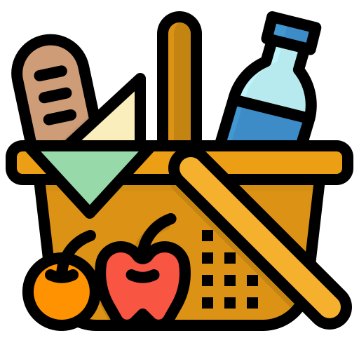 A graphic of a picnic basket with various items such as bread, water, apples and oranges.