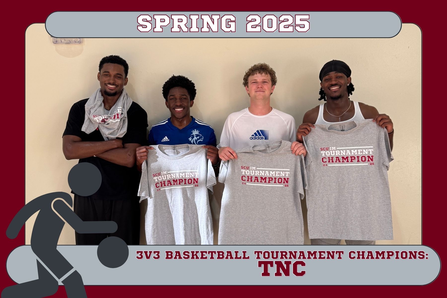 Photo of 3v3 basketball tournament champions, TNC, posing in Malley with their championship shirts.