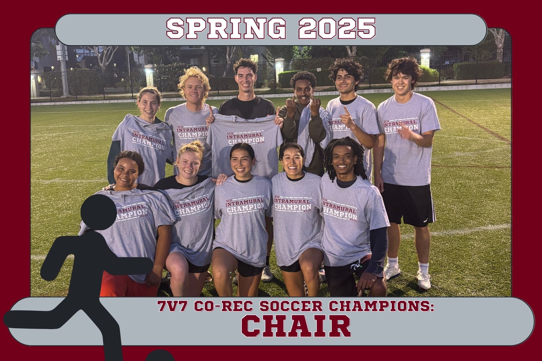 Photo of Spring co-rec soccer champions, Chair, posing on Bellomy Field with their IM Champion shirts.