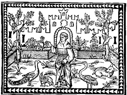 Engraving of monk in garden