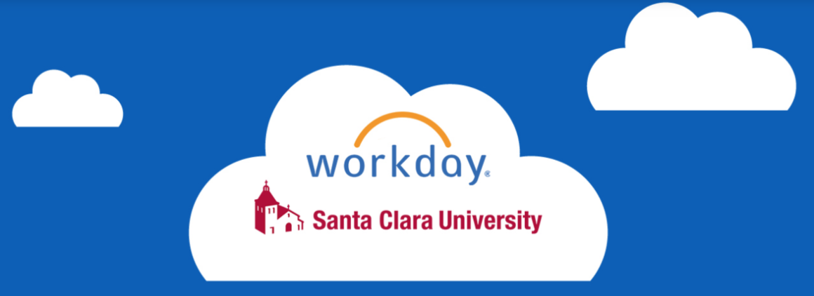 Alt text: Workday logo with white clouds on a blue background.