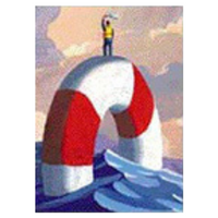 Person standing on a U-shaped red and white structure in water.