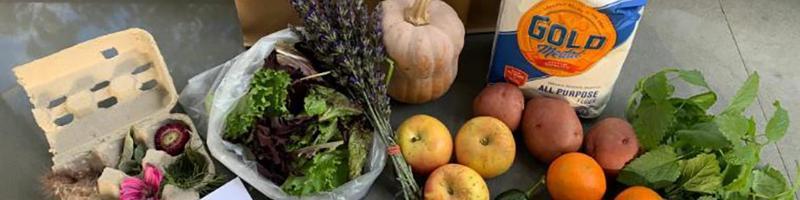 Decorative image of fresh fruits, vegetables, rice and flour 