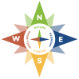 A green, blue, yellow, and red compass with the words, Nature, Environment, Society, and Well-Being written inside