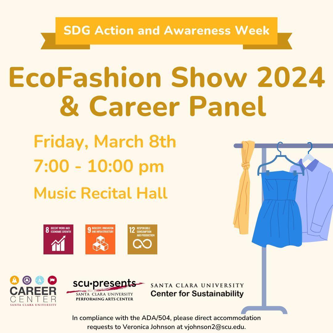 An infographic with event details and an image of a metal rack holding several clothing items