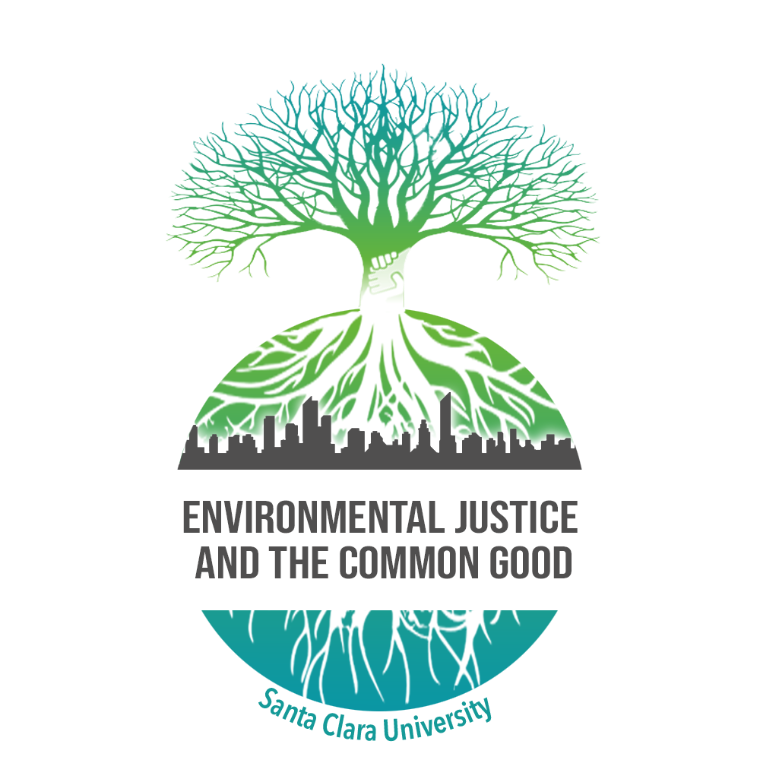 The words, Environmental Justice and the Common Good, in a circle with a tree growing out of it and a city skyline