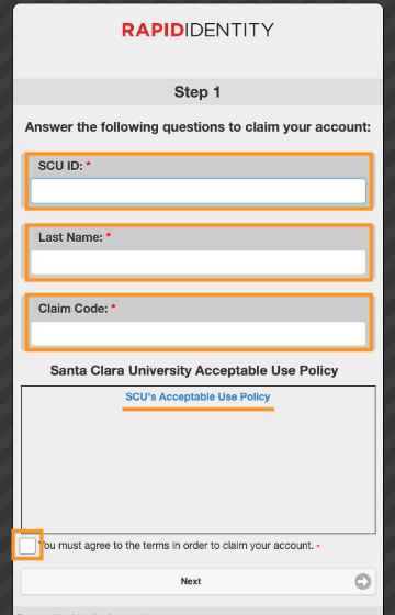 Account Claim - Step 1 dialog box