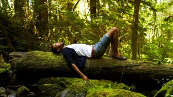 man on log in forest napping