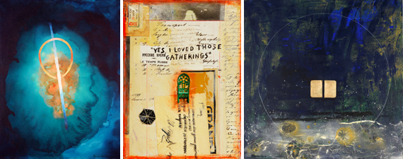 Three artistic pieces; abstract light blue, mixed media with text, and dark painting with small window.