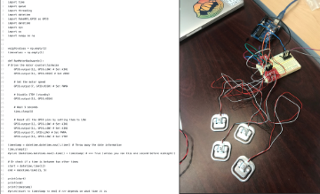 Left: Code for the Raspberry Pi Right: Arduino with black, red, and while wires leading to load cells for testing the readings during prototyping on a brown table.