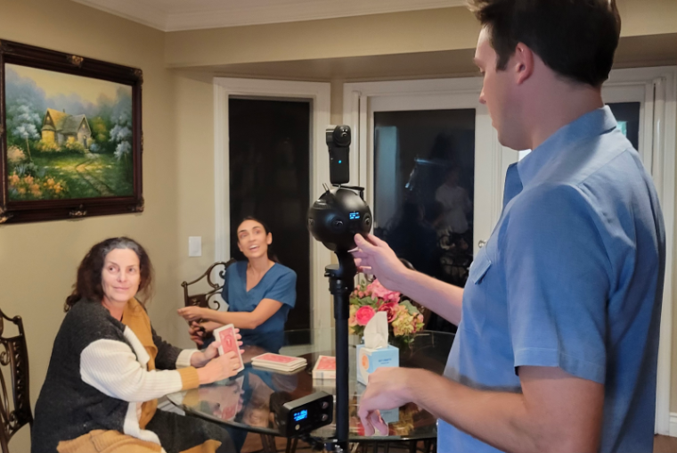 Santa Clara University hired a cast and crew who worked on scenes at a staged home studio. Photo courtesy of Wadooah Wali image link to story