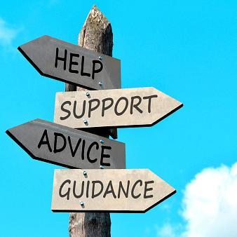 Signpost with arrows indicating help, support, advice, guidance