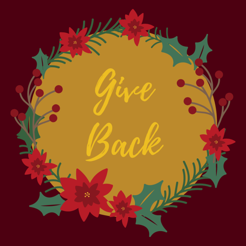 Holiday wreath with "Give Back" in the center
