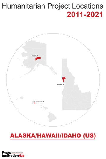 Frugal Innovation Hub humanitarian project locations in Alaska, Hawaii, and Idaho