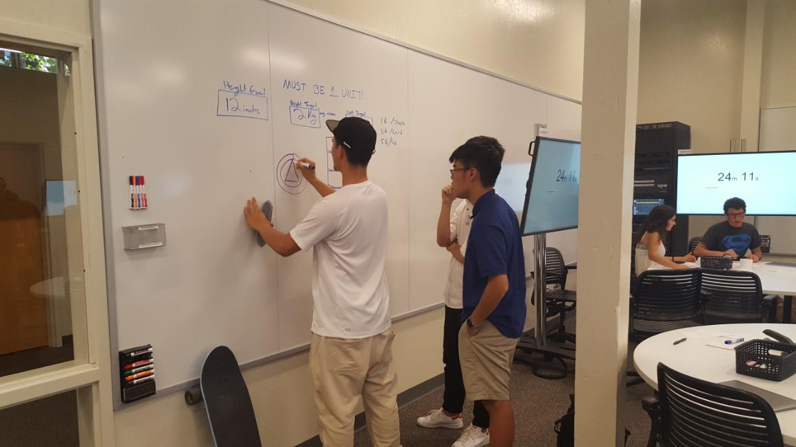 Students writing on a whiteboard in a classroom setting.